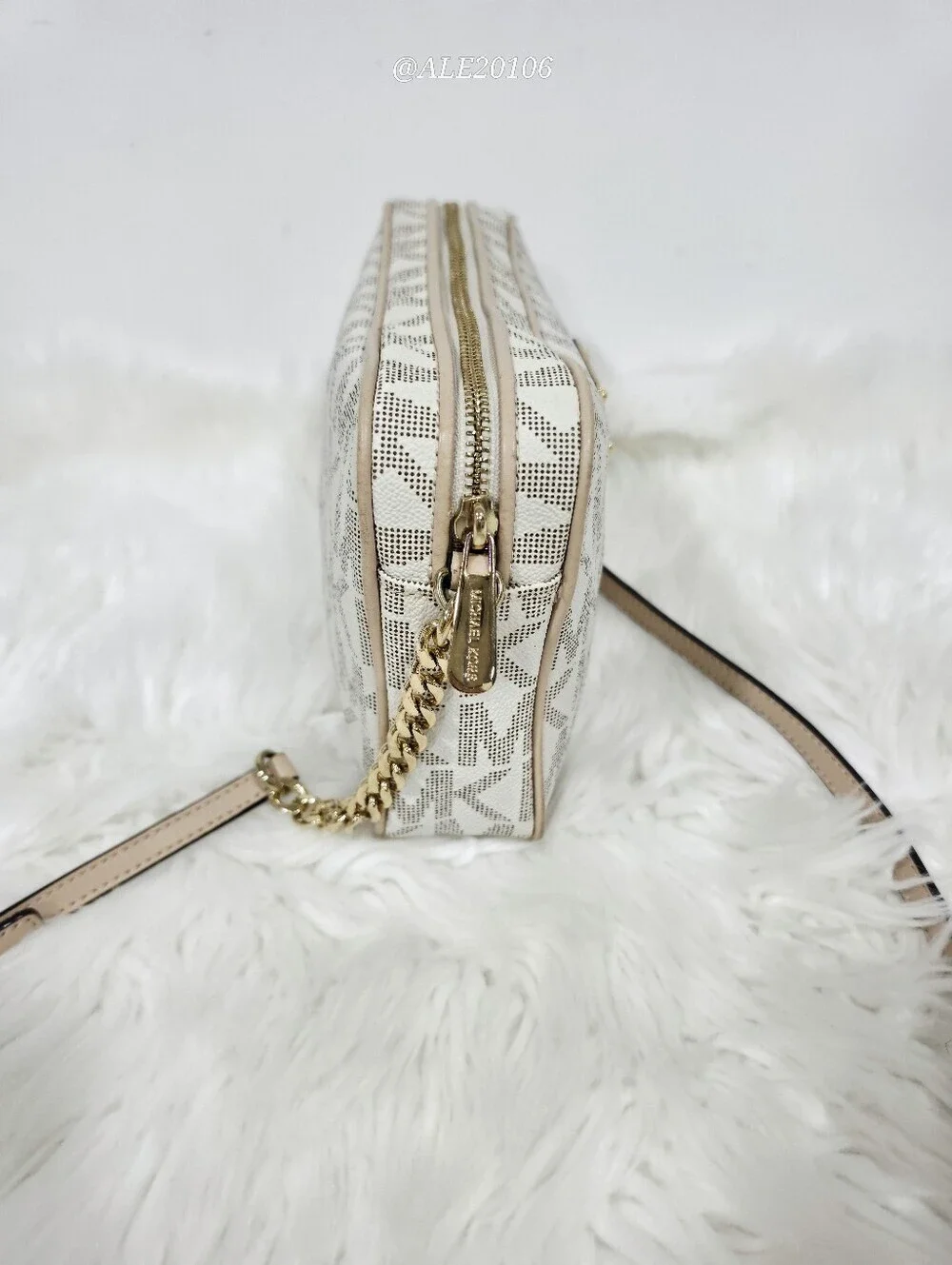 Michael Kors Beige Cream MK Monogram Crossbody Bag Gold Chain Purse